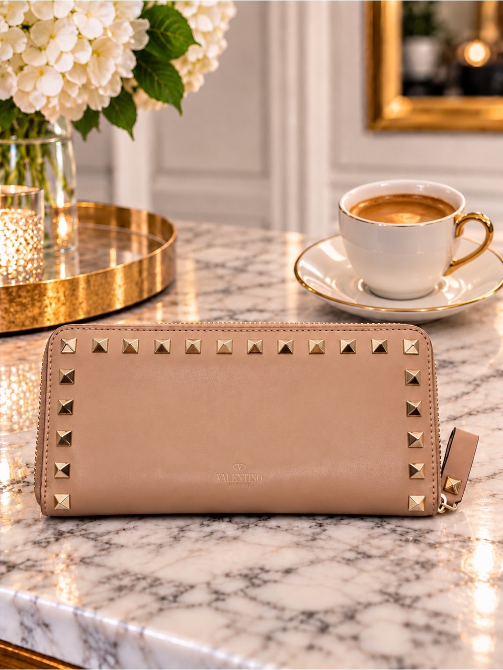 Valentino Garavani Rock Stud Smooth Leather Zip Around Long Wallet in Nude &Gold